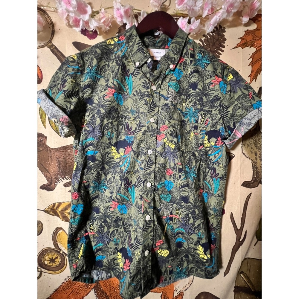 Old Navy Button Down Shirt Kids XL 14-16 Green Excellent Tropical Jungle Print